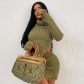 Solid color high neck knitting backless sweater+sexy tight bag hip skirt two-piece set S2A10636G