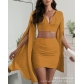 Fashion solid V-neck slit long sleeve skirt suit hip zipper sexy skirt two-piece set X2202