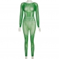 Long sleeve sexy mesh perspective hollow solid color high waist tight casual jumpsuit M22Q23008