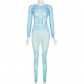 Long sleeve sexy mesh perspective hollow solid color high waist tight casual jumpsuit M22Q23008
