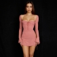 Long sleeved solid color with high waist square neck short skirt Wrapping chest style Commuter pink waist closing dress MX6431