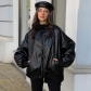 Fashion casual imitation leather cardigan zipper loose long sleeve coat C2A10541K
