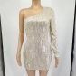 Fashionable sexy long sleeve one shoulder sequin fringed hip wrap dress JLX8778