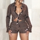 Women's fashion long sleeve single breasted design T-shirt striped shorts suit W22S21466