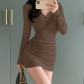 Waist tight sexy wrap hip skirt V-neck pleated design stretch thin dress HGMID29315