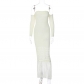 Woolen temperament slim fringed long skirt with long sleeves and bare shoulders D2A10664W