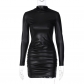 Fashion solid color imitation leather pleated slim round neck long sleeve dress D2A10779K