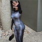 Fashion 3D Body Print Round Neck Long Sleeve Slim Wrap Hip Dress K22D22180