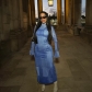 Fashion Personality Distressed Denim Print Long Sleeve Slim Wrap Hip Dress K22D23169