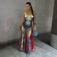 Fashion suspender backless 3D body print long dress K22D24261