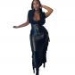 Fashion personality slit tassel high elastic leather skirt 9103DD