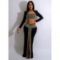 Fashion women's solid color hot drilling long sleeved skirt short shirt two-piece set C6211
