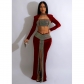 Fashion women's solid color hot drilling long sleeved skirt short shirt two-piece set C6211