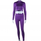 Solid color top long sleeve zipper open navel trousers tight casual sports suit JS918782