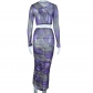 Fashion Irregular Print Skinny Casual Long Sleeve Open navel Top Hip Wrap Skirt Set JSD710156