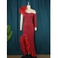 Mesh Splice Diagonal Neck Dress Designer Style One Sleeve Diagonal Wooden Ear Rim Dress AM221006