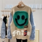 Denim splicing cartoon smiling face pullover sweater loose lazy style knitting coat B683236849403