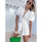 Solid color stand collar pile sleeve shirt top high waist lace up straight leg shorts two-piece set HK3066