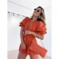 Solid color stand collar pile sleeve shirt top high waist lace up straight leg shorts two-piece set HK3066
