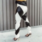 Women's PU leather black and white contrast round abstract Gothic casual pants Tights Winter P30718