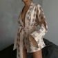 Loose printed women's casual lace up long sleeved pajamas high waist shorts suit housewear TZ10977T