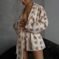 Loose printed women's casual lace up long sleeved pajamas high waist shorts suit housewear TZ10977T