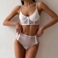 Mesh splicing button perspective sexy pure desire triangle cup shaping bra+high waist briefs two-piece set KJ31375