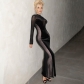 Casual Mesh Panel Round Neck Long Sleeve Slim Long Dress M22DS590