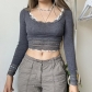 Lace Neck Slim Fashion Lace Splice Waist Slim Solid Long Sleeve Top LQWGT27479