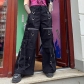 Contrast Lace up Strap Metal Buckle Zipper Street Wide Leg Jeans LQWKP31146