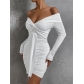 Pleated dress with ribbon sexy V-neck off shoulder long sleeve dress hollowed out ZY22260