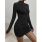 Sexy Long Sleeve Skirt Wrap Hip Skirt High Neck Pleated Scratch Dress ZY22278