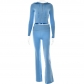 Knitted hooded suit sexy high waist long sleeved trousers two-piece set FDMY65