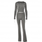 Knitted hooded suit sexy high waist long sleeved trousers two-piece set FDMY65