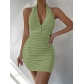 Women's V-neck neck halter backless off shoulder sexy simple pleated dress ZY22029