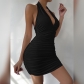 Women's V-neck neck halter backless off shoulder sexy simple pleated dress ZY22029