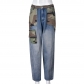 Trendy denim new camouflage contrast personalized patch pocket straight pants 9137PD