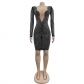 Fashion Women's Solid Iron Mesh V-Neck Long Sleeve Dress C6185