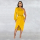 Fashion women's solid color single long sleeved diagonal long skirt dress C6217