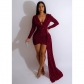 Fashion women's solid color beaded V-neck side cape long sleeve dress C6231