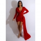 Fashion women's solid color beaded V-neck side cape long sleeve dress C6231