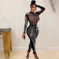 Fashion women's solid color mesh ironing long sleeved trousers jumpsuit C6247