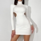 Hollow Solid Half High Neck Long Sleeve Hip Wrap Pullover Dress JD297939