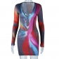 Metal Hollow out Digital Printing V-Neck Long Sleeve Hip Wrap Dress JD297981