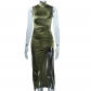 Pullover High Neck Sleeveless Solid Split Mid length Dress JD297993