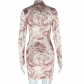 Stand Collar Digital Printing Skirt Long Sleeve Hip Wrap Dress Autumn and Winter Cross border Women's Wear New JD298117