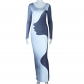 Irregular digital printing long sleeve hip wrap style dress JD298126