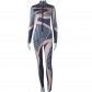 Irregular fashion printed long sleeve tight sports jumpsuit JP005363