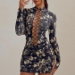 Stand up collar strap cut out top printed mini skirt fashionable dress JSD710115