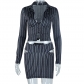Stripe printed long sleeve sexy short shirt hollowed out mini skirt fashion suit JSD710116